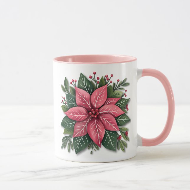 Caneca Pink Poinsettia Pata de Natal com Folhagem Festiva (Direita)