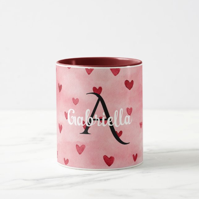 Caneca Pink Red Hearts Monogram Name (Centro)