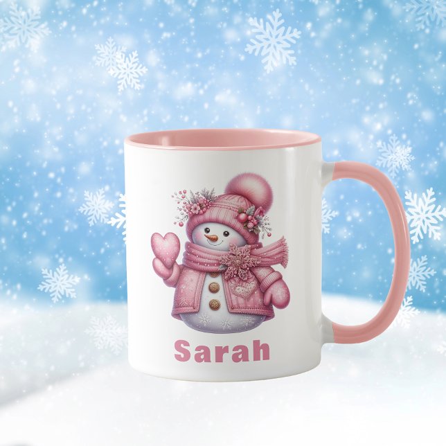 Caneca Pink Snowman Segurando um Bom Natal (Pink Snowman Holding Sweet Heart Christmas Mug
)