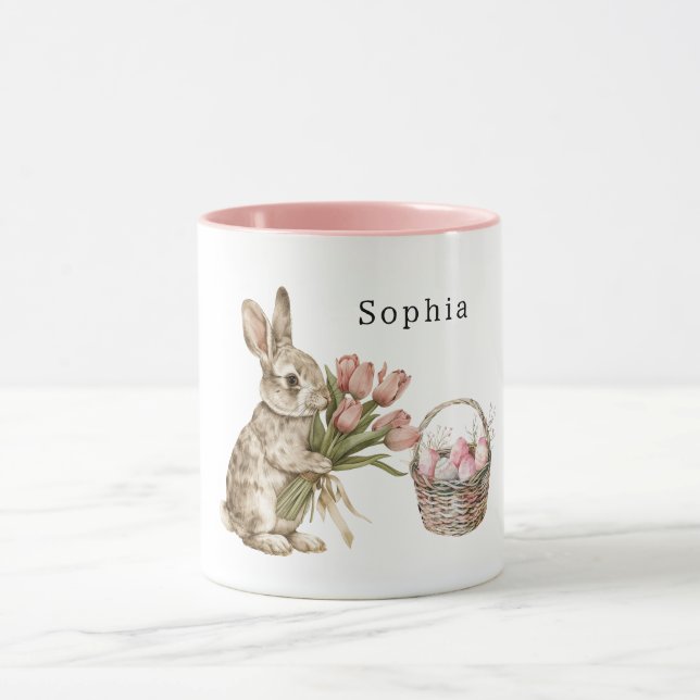 Caneca Pink Tulips Bunny Rabbit Easter Eggs Basket (Centro)