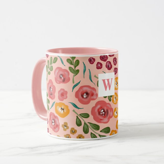 Caneca Pintado manualmente Blush Nome Rosa Monograma Mug (Frente Esquerda)