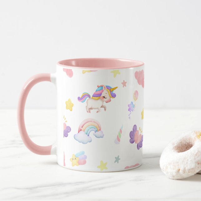 Caneca Pinto cor-de-rosa, unicórnio arco-íris Balão Padrã (Com Donut)