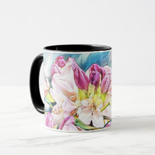 Caneca Pintura aquosa de uma azeea rosa e branca
