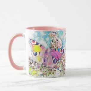 Caneca Pintura de uma borboleta cor-de-rosa em flores col