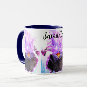 Caneca Pintura Floral de Flor de Íris Roxa em Aquarela