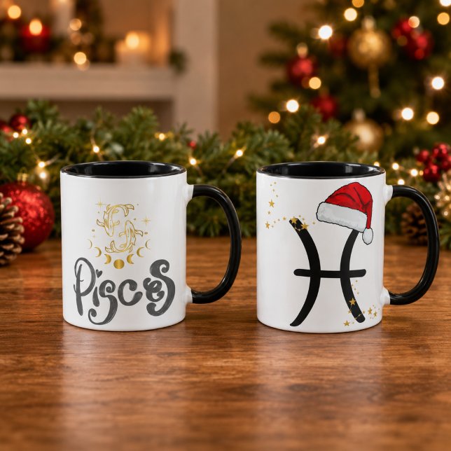 Caneca Pisces de Natal Zodiac Chapéu de Papai Noel (Criador carregado)