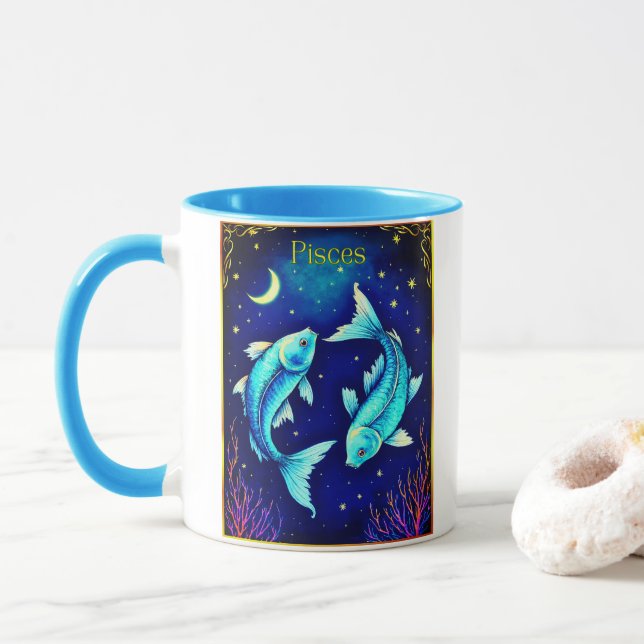 Caneca Pisces Zodiac Fish Swimming in Cosmic Waters (Com Donut)
