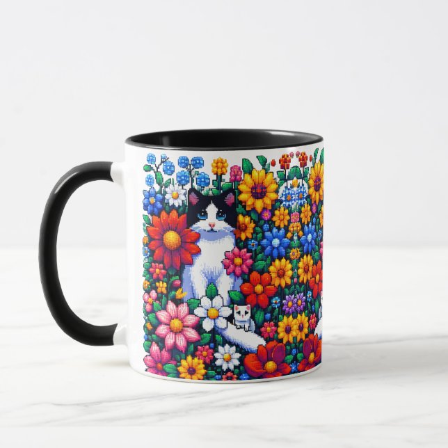 Caneca Pixel Art Cat, Kitten e Flores (Esquerda)