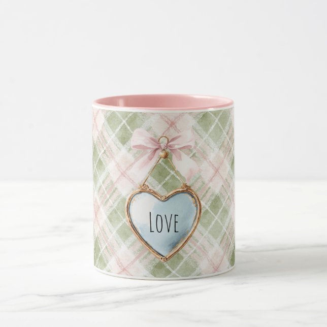 Caneca Plaid Green Pink Bow Blue Gold Heart Love (Centro)