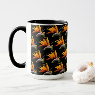 Caneca Planta Ave do Paraíso Laranja Padrão em Preto