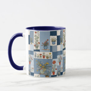 Caneca Plantas e Retro Blue Jean Denim Patchwork Floral