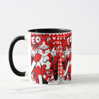 Caneca Playful Red White Winking Cat & Chickens Pattern