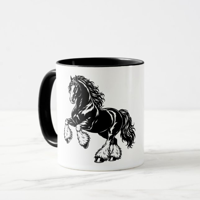Caneca Poderosa Ilustração de Cavalo Shire Preto e Branco (Frente Esquerda)
