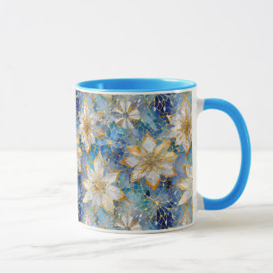 Caneca Poinsétias de Natal Azul Branco Dourado