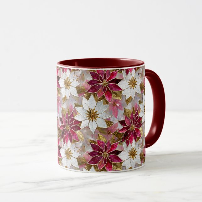 Caneca Poinsettias de Natal Rosa Douradas Brancas (Frente Esquerda)