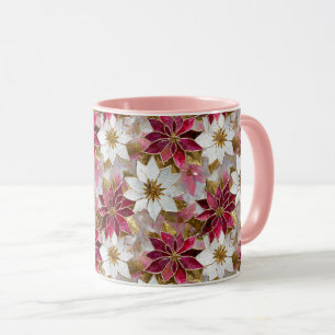 Caneca Poinsettias de Natal Rosa Douradas Brancas