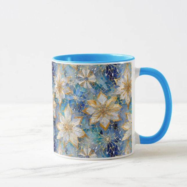 Caneca Poinsettias Douradas de Natal Azul (Direita)