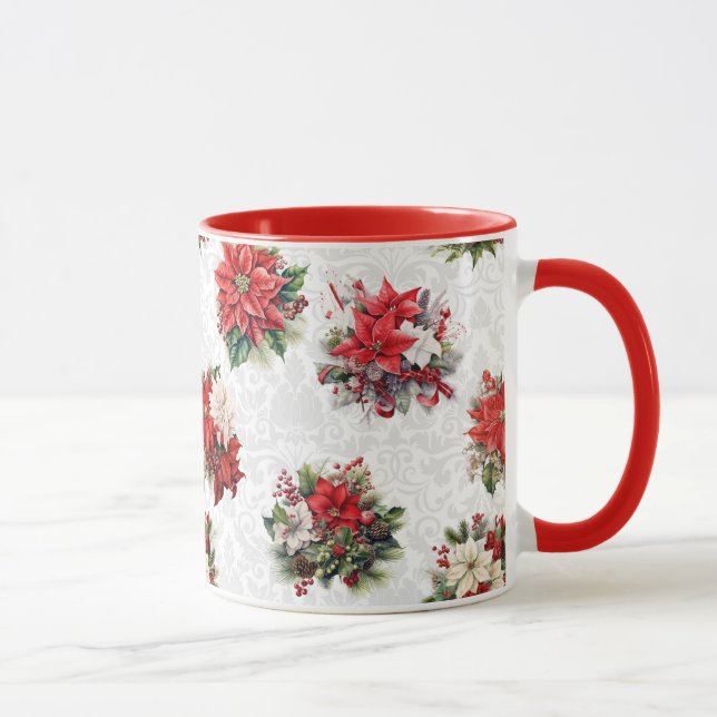 Caneca Poinsettias e Damask de Natal Elegante (Direita)