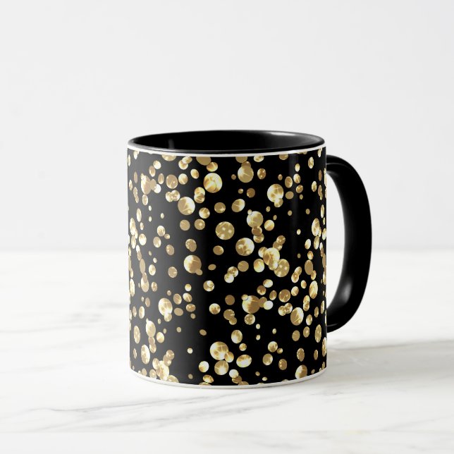 Caneca Pontos de bolinhas dourados em um fundo preto . (Frente Esquerda)