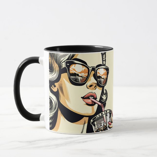 Caneca Pop Art Comic Book Bonito Mulher Bebendo Soda (Esquerda)