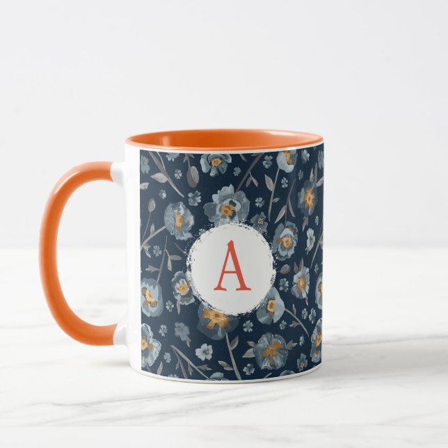 Caneca Pópias Azuis Monograma Padrão Floral (Esquerda)