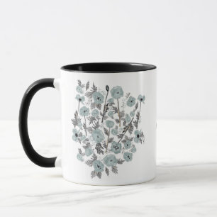 Caneca Poppies Cinza Flores Azuis De Aquarela Com Nome
