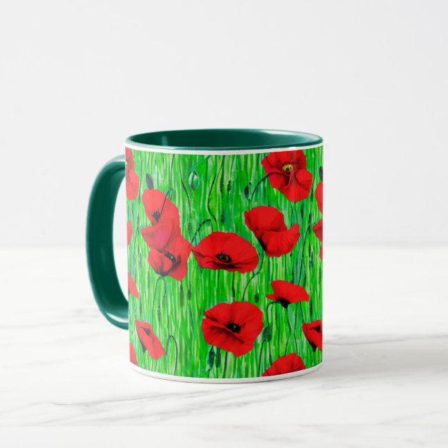 Caneca Poppies vermelhos num campo verde (Frente Esquerda)