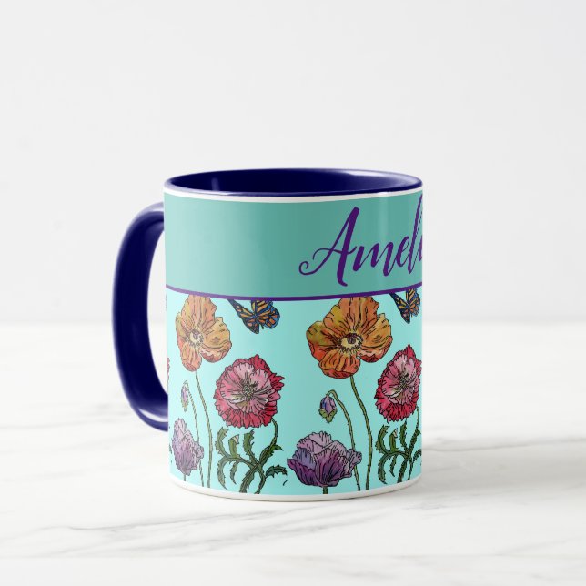 Caneca Poppy Poppies Red Chique Aqua Flores Florais (Frente Esquerda)