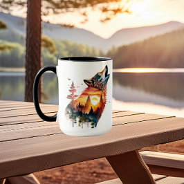 Caneca Pôr do sol dupla exposição lobo uivando