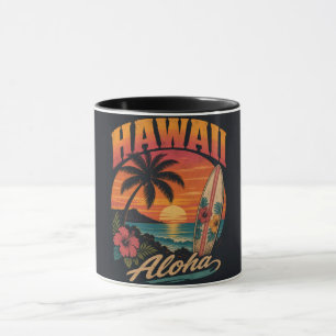 Caneca Pôr-do-sol Vintage Havaiano Palmeiras Prancha de S