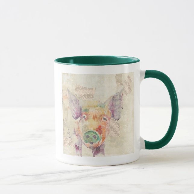 Caneca Porco de Colagem de Fazenda de Aquarela (Direita)