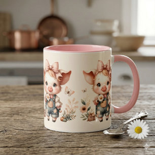 Caneca Porquinho Caprichoso em Jardineira Pastel Pêssego