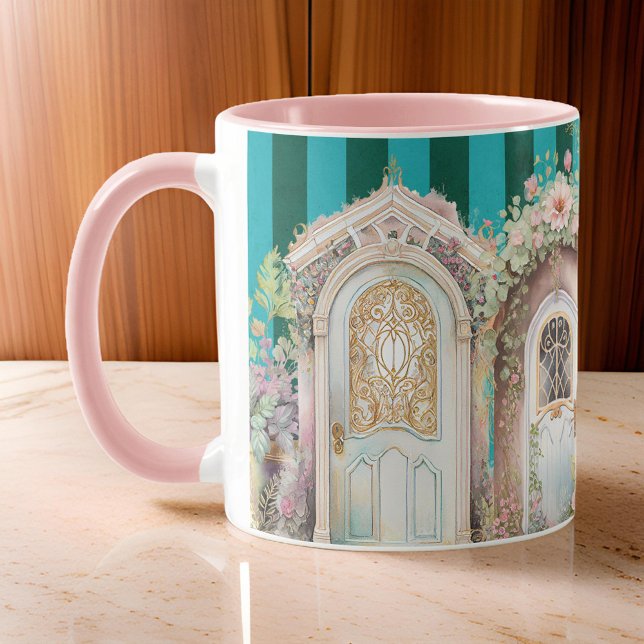 Caneca Portas bonito de Algodão Floral em faixas verdes (Criador carregado)