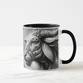 Caneca Portrait en noir et blanc d'un buffle stylisé.