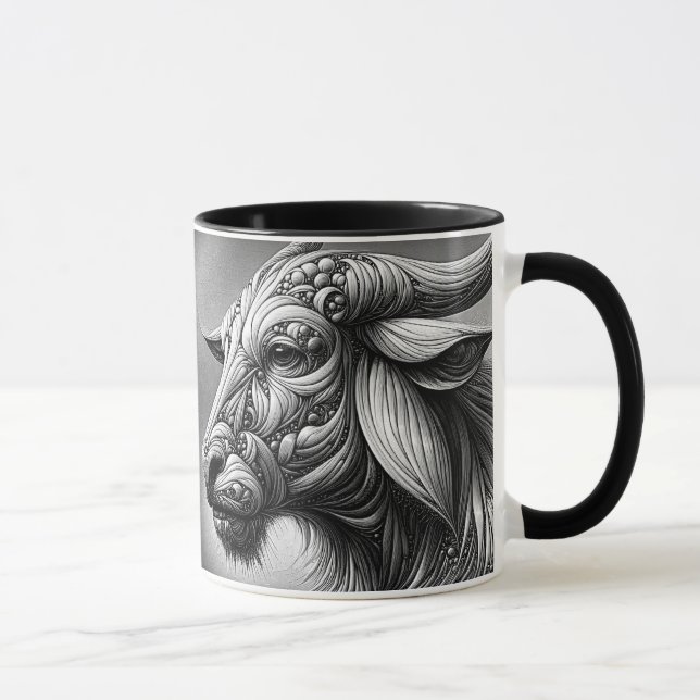 Caneca Portrait en noir et blanc d'un buffle stylisé. (Direita)