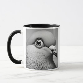Caneca Portrait réaliste de pigeon en noir et blanc.