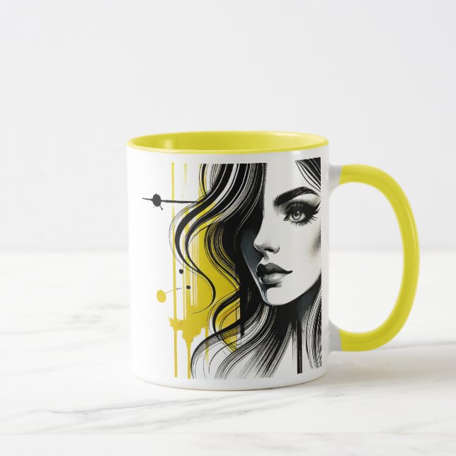 Caneca Portrait stylisé noir et jaune d'une jeune femme. (Direita)