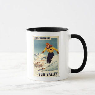 Caneca poster de sorriso e de esqui da mulher