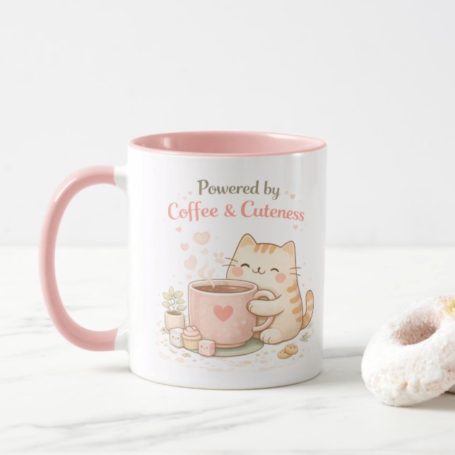 Caneca Powered by Coffee and Cuteness Cute Cat Sweet Pink (Com Donut)