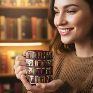 Caneca Prateleira de livros estilo vitral amante de café