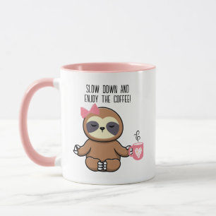 Caneca Preguiça Fofa, Laço Rosa, 'Desacelere E Aproveite