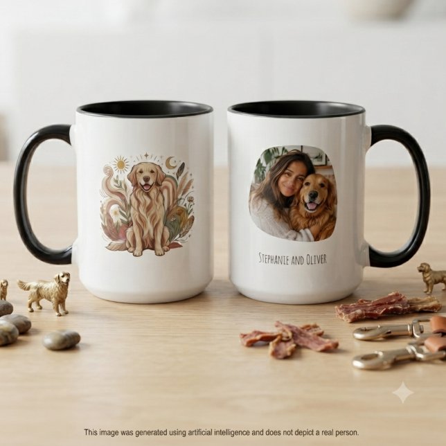 Caneca Presente com Foto e Nome do Golden Retriever (Golden Retriever artwork mug with pet photo for a dog mom birthday gift.)