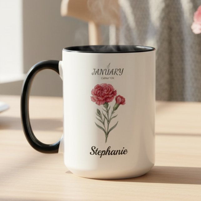 Caneca Presente de Aniversário de Janeiro Cravo Flor do N (January birth month flower carnation birthday coffee mug)