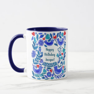 Caneca Presente de Aniversário Personalizado Folk Art Blu