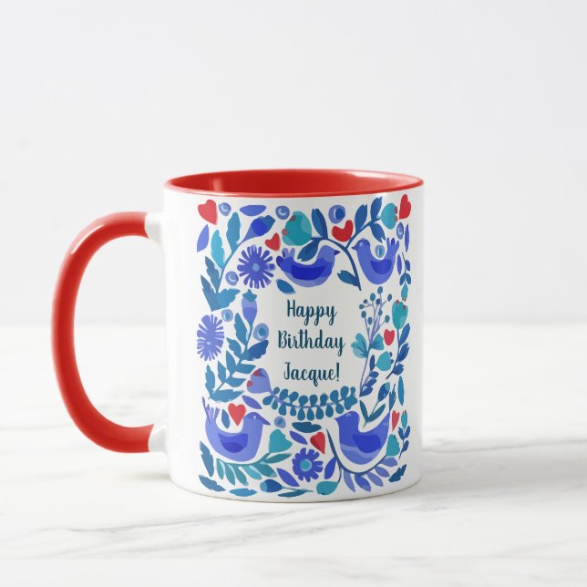 Caneca Presente de Aniversário Personalizado Folk Art Blu (Esquerda)