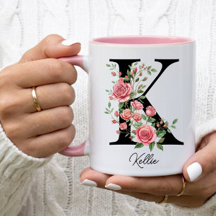Caneca Presente de Flor de Aniversário Rosa, Nome Inicial