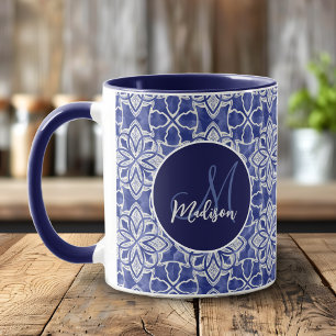 Caneca Presente de Monograma Inicial Azul Elegante