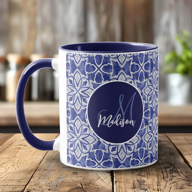Caneca Presente de Monograma Inicial Azul Elegante (Criador carregado)