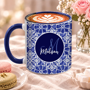 Caneca Presente de Monograma Inicial Azul Elegante