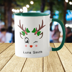 Caneca Presente de Natal Alegre Rostos de Veado Fofo Café